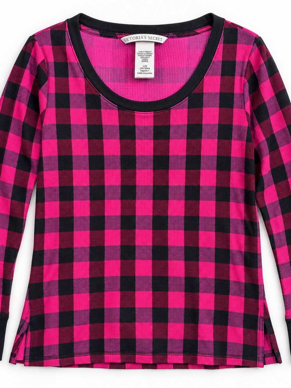 Victoria’s Secret Plaid Thermal Long Sleeve Top L Pink Black Burgundy